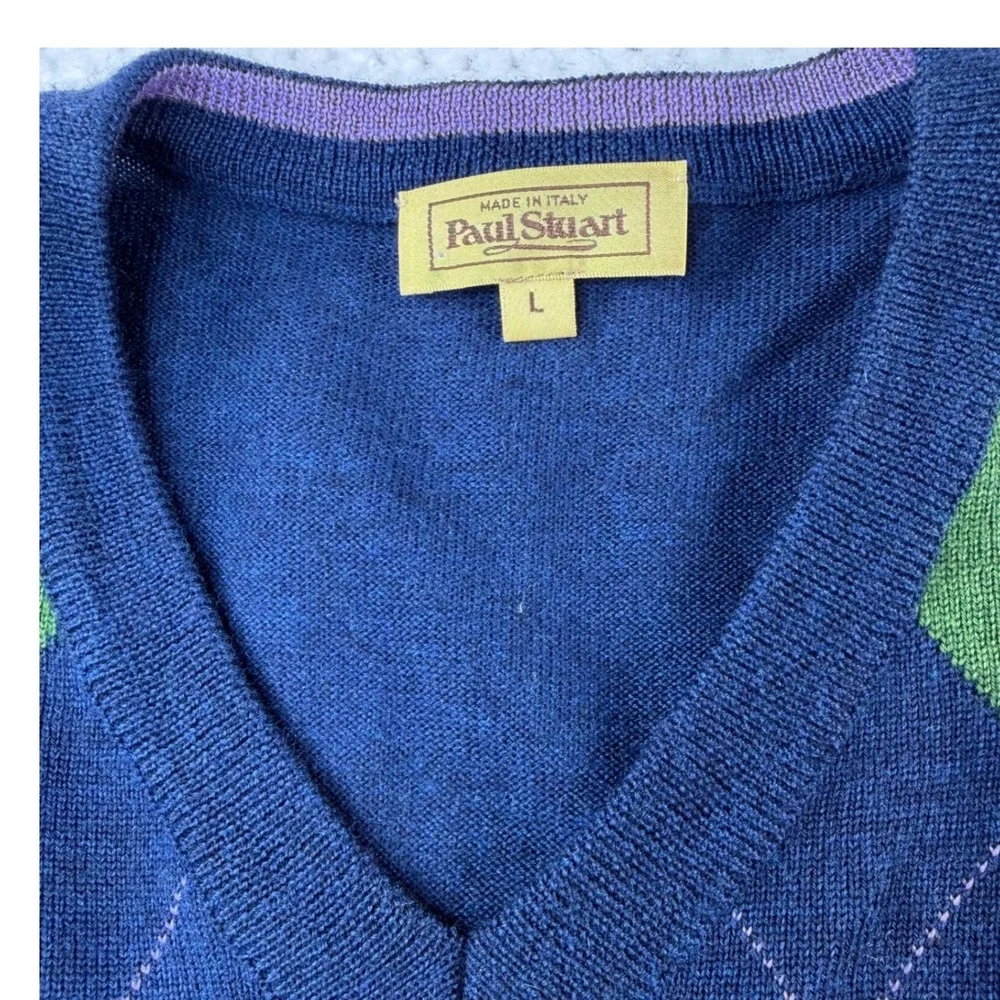 Vintage Paul Stuart Italy Extrafine Merino Wool Argyle V-Neck Sweater Blue L
